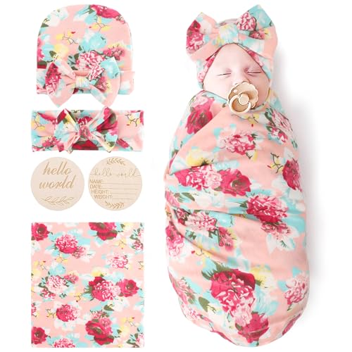 Image of DRESHOW BQUBO Baby Girl Newborn Floral Receiving Blankets with Bow Hat Headband Wooden Birth Announcement Card Set Newborn Baby Swaddling Hats Swaddle Blanket Toddler Warm Shower Gift