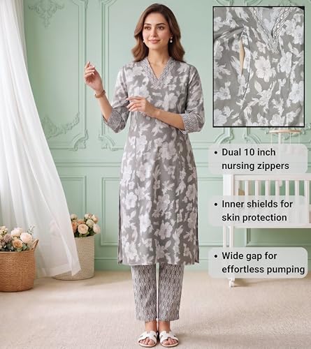 Image of DUMMY SHAPE Feeding Kurtis for Women Cotton Blend | Floral Kurta Pant Dupatta Set with Nursing Zippers to Pre & Post Partum | Maternity Dresses | Mom to Be Gifts for Pregnant Woman