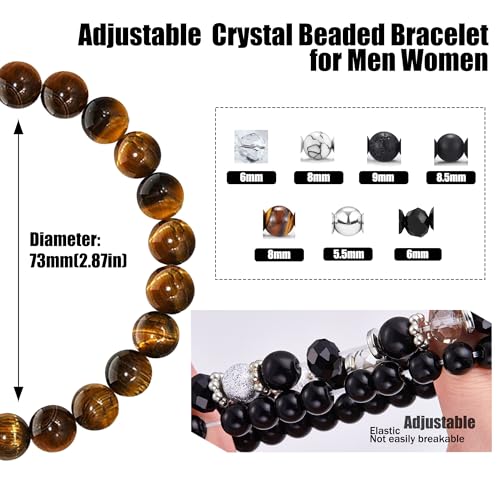 EIELO Beaded Stretch Bracelets for Men Women Natural Stone Tiger Eye Black Lava Rock Stretch Adjustable Black Boho Crystal Stackable Beaded Bracelets Set2