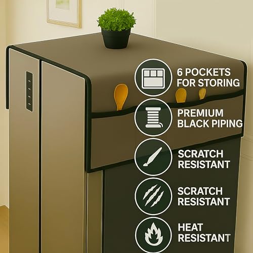 Image of Refrigerator Cover Double Door Waterproof, Dustproof, Refrigerator Top Cover, Protective Covers for Fridges with Extra Storage Space Nylon Top Fridge cover with 6 Storage Pockets (Golden, 170 x 65 cm)