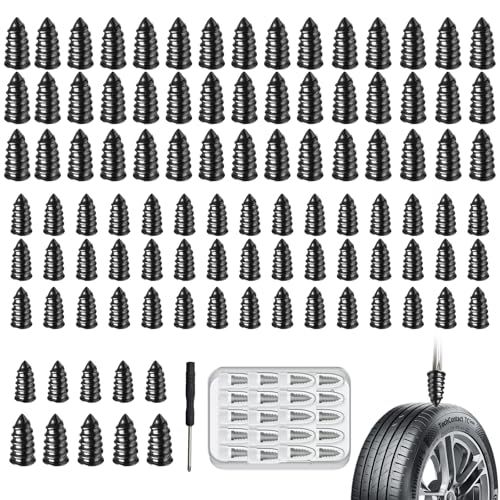 100pcs Tire Repair Rubber Nails Screws Kit,Screw in Tire Repair Plugs Screwdriver with 2 Sizes,Self Sealing Rubber Flat Vacuum Tire Screw Plug Repair Mending Nail Kit for Car Motorcycle Truck Tractor