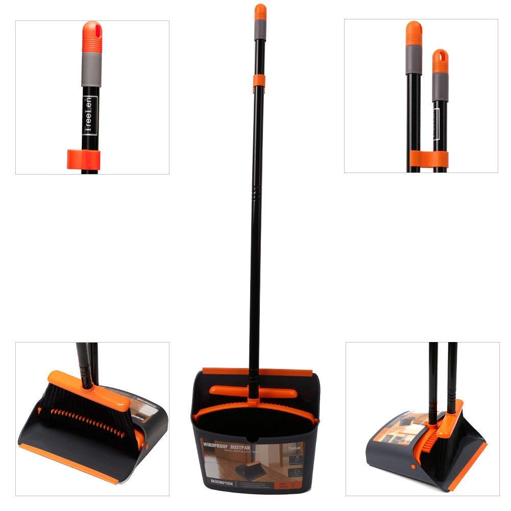 TreeLen Broom and Dustpan Set with 52" Long Handle for Home Kitchen Room Office Lobby Floor Use Upright Stand Up Stand Up Broom with Dustpan Combo
