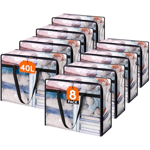 Lifewit 8 Pack Clear Clothes Storage Bags, 40L Plastic Blanket Storage Bag, Vinyl Foldable Moving Bags with Zipper, Closet Organizers and Storage Containers for Bedding, Duvet, Comforter