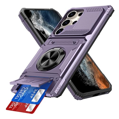 IMEIKONST for Samsung Galaxy S23 Ultra Case with Card Holder Camera Protection Shell & Magnetic Ring Kickstand Military Grade Protection Anti-Fall Shockproof Cover for Samsung S23 Ultra. Purple TCKB