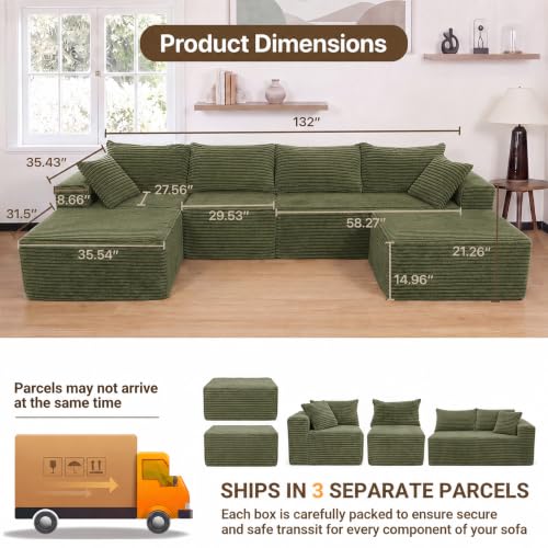 Image of Claiks 132 inch Boneless Couch, U-Shape Corduroy Sectional Sofa, Green