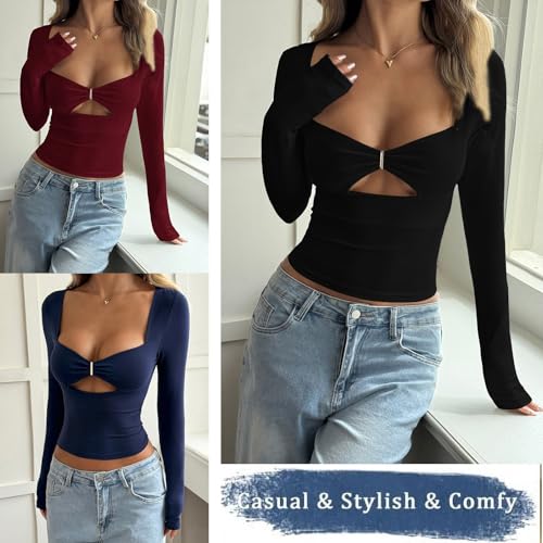 Top court sexy à manches longues bordeaux, crop top slim uni à découpes pour l'automne taille M