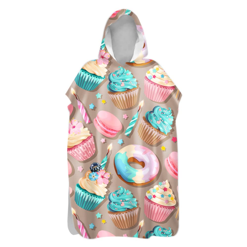 Treer Poncho Changing Robe Hooded, Dessert Cake candy Print Large Beach Towel Quick Dry Light Weight Blanket Towel with Hood for Surfing Swimming Wetsuit Adult Woman & Man (Donut,60x110cm)