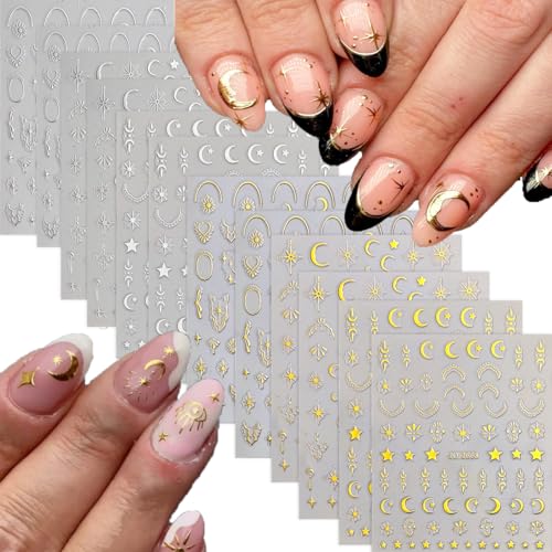 12 Sheets Gold Moon Star Nail Art Stickers Decals Luxury