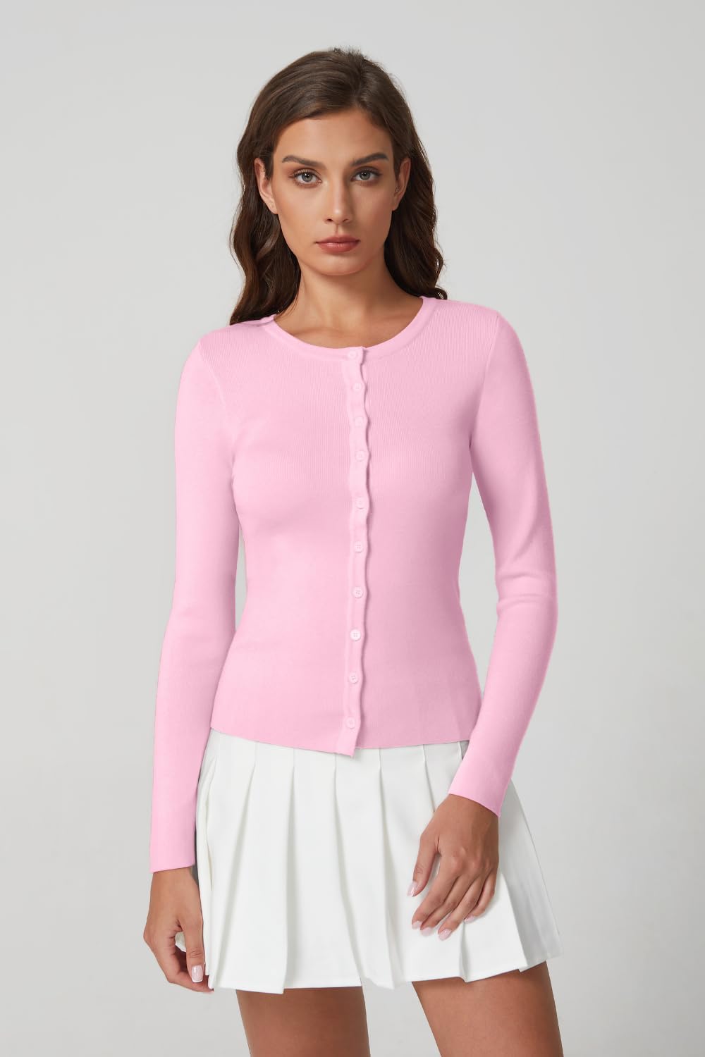 QINSEN Womens Long Sleeve Crewneck Cardigan Sweater Lightweight Button Down Knit Tops Outerwear - Image 3