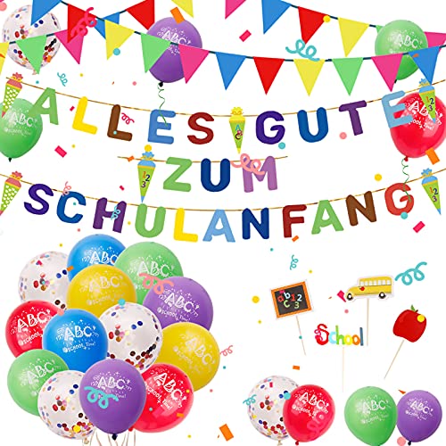 DANXIAN Einschulung Schulanfang Deko, Alles Gute zum Schulanfang Girlande Schultüte Banner Girlande, 40m Wimpelkette, 15 Luftballon, Konfetti Ballon, Kleine Flagge für Junge Mädchen Cover