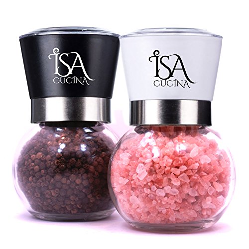Salt Mill and Pepper Grinder Set, Beautiful glass globes with adjustable ceramic grinders