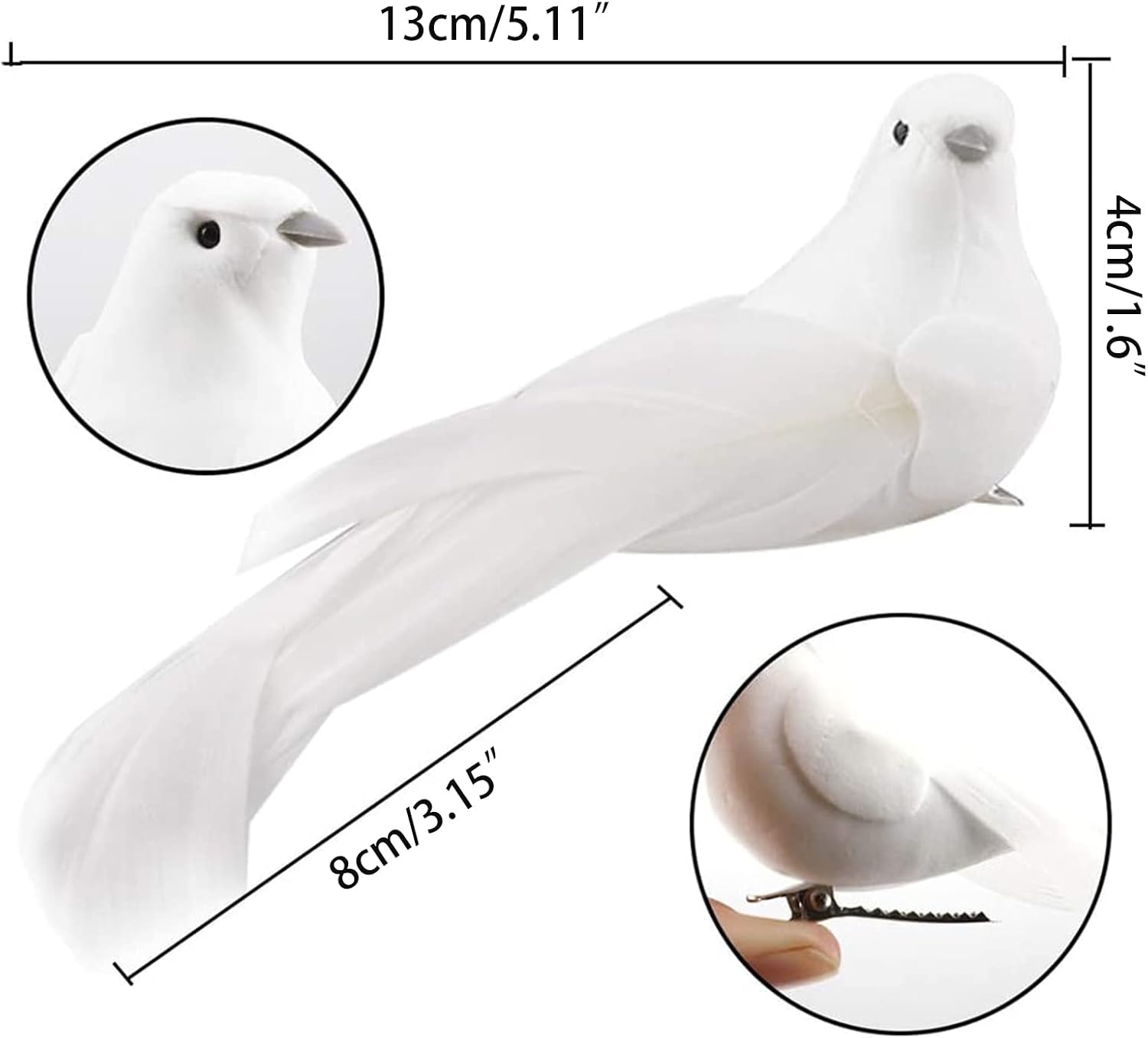 12 Pcs Decorative Fake Doves Artificial Foam Feather White Birds with Clip Long Tail Doves Christmas Tree Ornament Bird Ornaments Decorative Foam Feather White Birds Craft