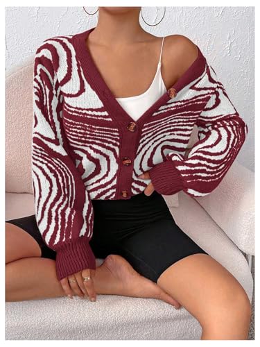 MakeMeChic Women's Graphic Cardigan Zebra Striped Button Front V Neck Long Sleeve Knit Sweater3