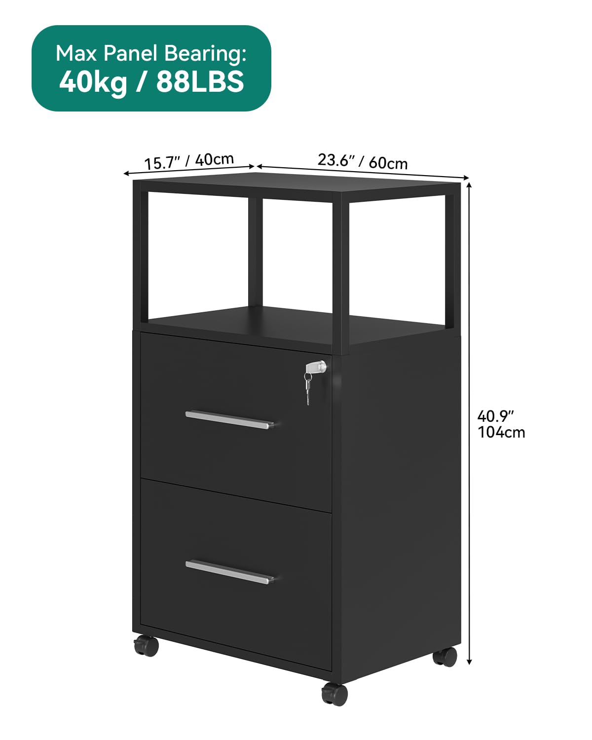 YITAHOME Druckertisch mit Rädern, 104CM Tall Aktenschrank mit Stahlböden, Mobiler Aktenschrank Druckerständer, Bürocontainer Rollschrank, Schubladenkommode für Zuhause Büro, 104x60x40 cm, Schwarz