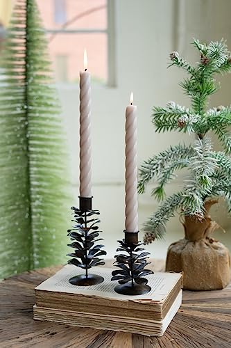 KALALOU NDE1518 Set of Two Metal Pine Cone Taper Holders - Antique Brown