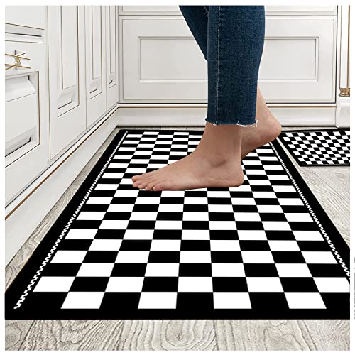 KCYXSMAX Küchenläufer Ölfest Wasserdicht Küchenteppiche Waschbar Schwarz Weiß Kariert PVC Teppich Läufer küche mit Gummirücken rutschfest Küchenmatte für Esszimmer Küche Flur Individuell zuschneidbar Cover