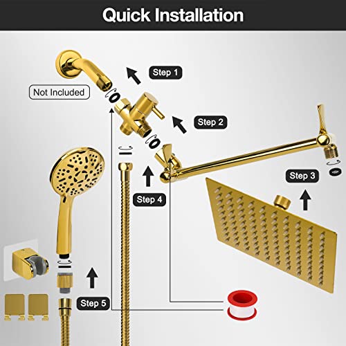 Rain Shower Head With Handheld Spray, Lanhado 8'' Gold Shower Head With 11'' Extension Arm, 9 Setting Handheld Shower Heads, Anti-Leak High Pressure Rainfall Shower Head With Hose/Holder, Chrome #TOP7