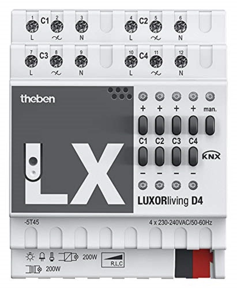 Theben 4800475 LUXORliving D4 Universaldimmaktor 4-fach REG | DIN-Schiene/Hutschiene, 200 W je Kanal, Dimmbereich 0-100 %, für LED, Glüh-, Halogenlampen und dimmbare Trafos