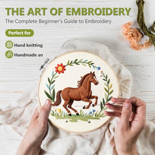 Image of Santune 3 Pack Embroidery Kit Cross Stitch Needlepoint Kits for Beginners Adult Needle Point Sets with Mushroom & Horse Embroidery Patterns, Includes Step-By-Step Instructions & Accessories