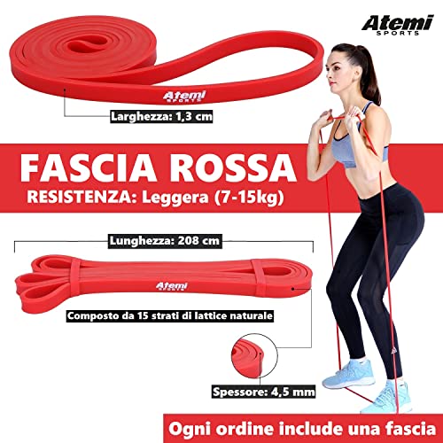 Atemi Sports Banda Elastica Fitness | Bande Elastiche Resistenza per Uomo e Donna | Fascia Elastica Esercizi per Fitness, CrossFit, Pilates e Ginnastica (#1 Rosso (7-15kg))