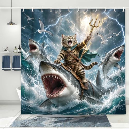 Image of Funny Cat Riding Shark Shower Curtain, Fun Ocean Waves Bath Curtain