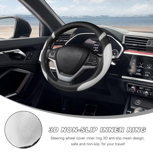 Image of Car Steering Wheel Cover, 15 Inch Premium Leather Breathable Non-Slip Wheels Wrap, Universal Auto Comfortable Steering Wheel Protector for SUV Truck Van, Car Accessories (Gray)