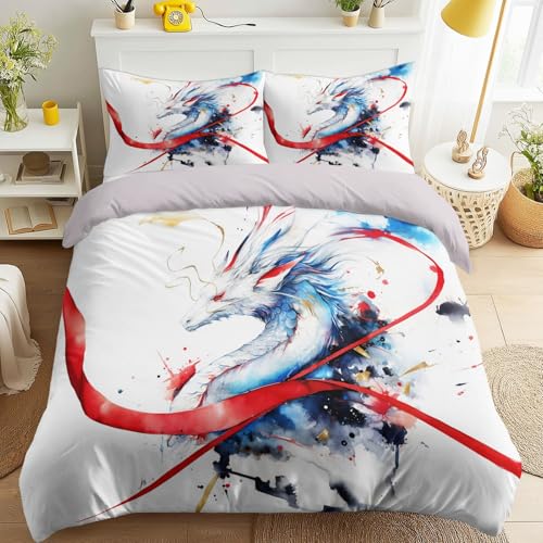 Duvet Cover Sets, Easy Care Bedding Bed Set Single Size 53" x 79", Fantasy Watercolour Dramatic Ink Splash Elegant Majestic Dragon Duvet Covers With 1 Pillowcases 50 x 75 cm for Kids and Adults
