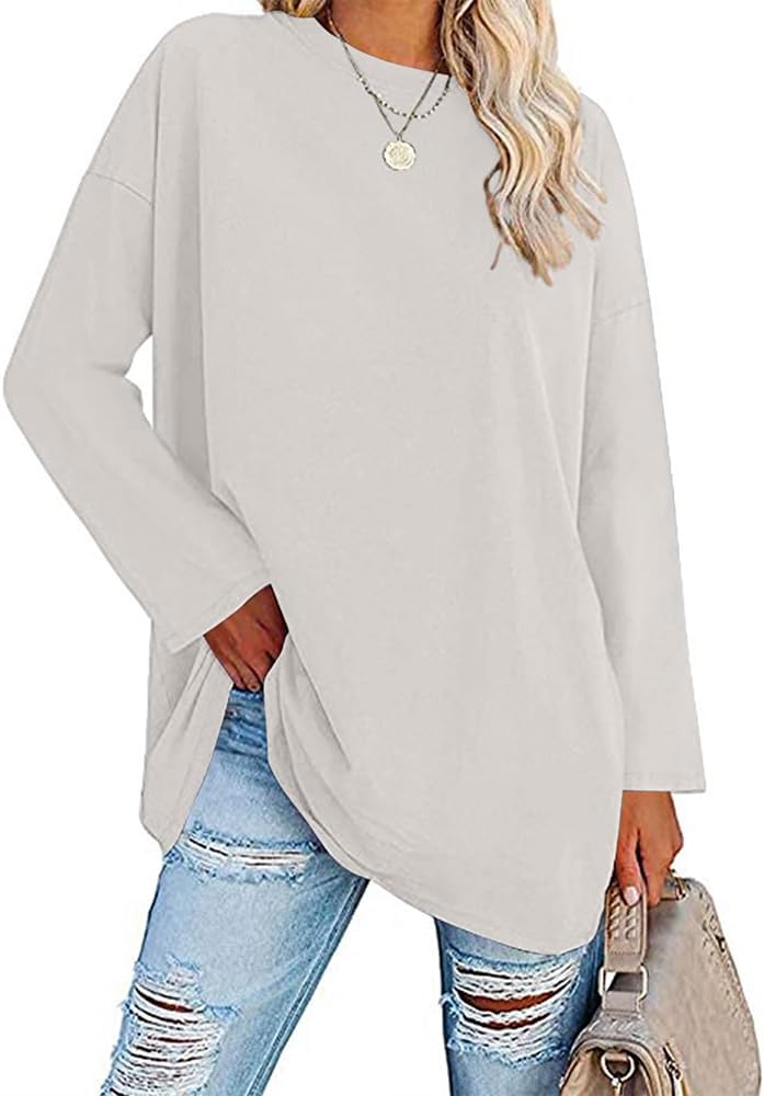 Womens Tunic Top Oversized Crew Neck T Shirts Loose Long Sleeve Comfy Cozy Cotton Lounge Blouses