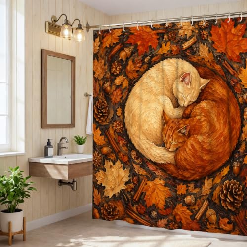 Rideau de douche chat et automne en polyester imperméable 183x213 cm - 3
