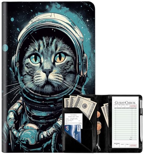 Server Book for Waitress, Leather Waiter Book Server Wallet with Zipper Pocket, Cute Waitress Book & Waitstaff Organizer with Money Pocket Fit Server Apron,Illustration Cat