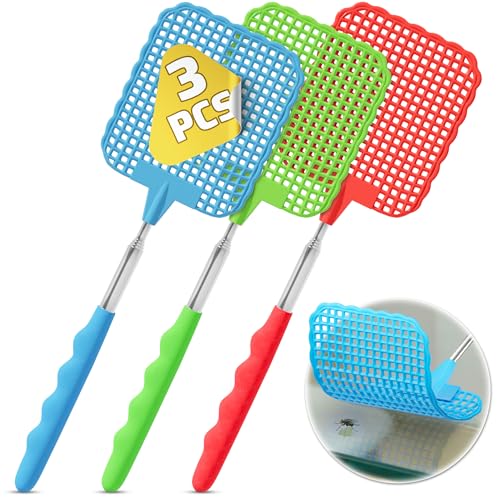 3 Pack Telescoping Fly Swatter with Extendable 28.6 Inch Stainless Steel Handle - Manual Fly Swatter for Indoor and Outdoor Use - Heavy Duty Flyswatters for Kitchen Bedroom Patio Garage Camping and RV