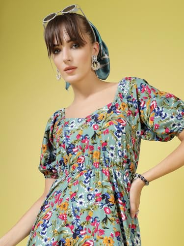 Image of OOMPH! Below Knee Shift Pink Dress in Crepe Fabric with Round Neck and Puff Sleeves - md619l