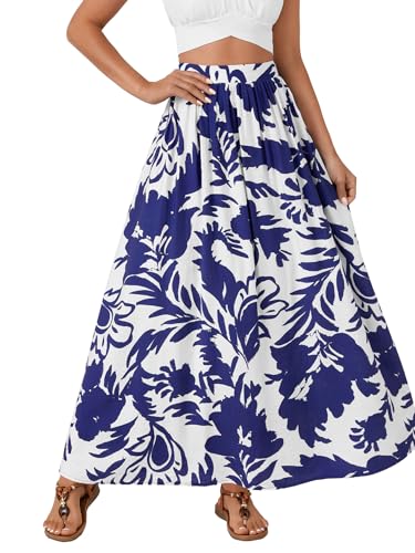 Vrtige Women's Casual Floral Print Elastic High Waist Flare Beach A Line Long Maxi Skirt2