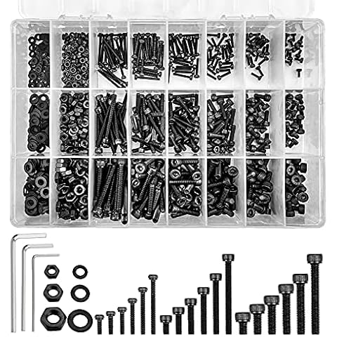 1080 Pcs M2 M3 M4 Alloy Steel Hex Socket Cap Bolts Screws Nuts Assortment Kit Stainless Steel Screws and Nuts Screw Hex Socket Head Cap Screw Bolt Nut with Storage Box and 3 Wrenches(Black) Cover