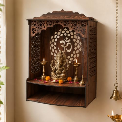Image of The Castle Decor Wooden Mandir for Home, Wall Hanging & Tabletop Pooja Temple with Om Cutwork Back Panel, Jali Side Panels, Open Storage Shelf, Pooja Room, Office, Hostel, 10x22.2x18 Inch