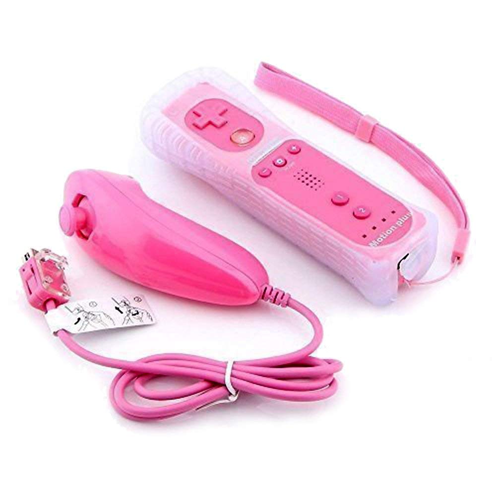 CaaWoo Manette de Jeu Wii et Wii U avec Motion Plus, Contrôleur Nunchuck Câblé, Télécommande avec Mouvement Intégré, Housse de Protection (Rose)