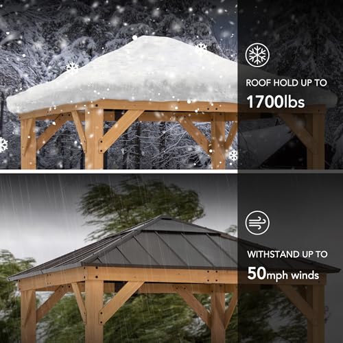 Sunjoy-Hardtop-Gazebo-9-x-9-ft-Cedar-Framed-Wood-Gazebo-with-Brown-Steel-Polycarbonate-Pyramid-Hip-Roof-and-Ceiling-Hook-for-Garden-Backyard-Shade-Brown-Roof-Natural-Wood-Frame Sunjoy Hardtop Gazebo 9 x 9 ft Cedar Framed Wood Gazebo with Brown Steel Polycarbonate Pyramid Hip Roof and Ceiling Hook for Garden Backyard Shade Brown Roof Natural Wood Frame