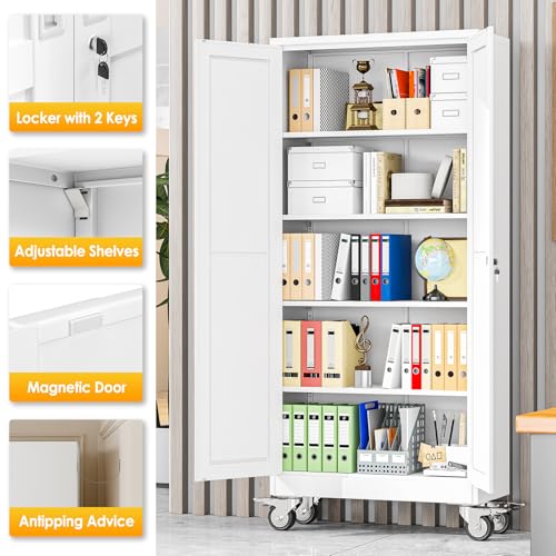 PAOFIN 71''H Tall Metal Garage Storage Cabinet with Wheels,Steel File Cabinets with 2 Doors and 4 Adjustable Shelves for Home Office, Warehouse, Required Assembly,White - Image 4