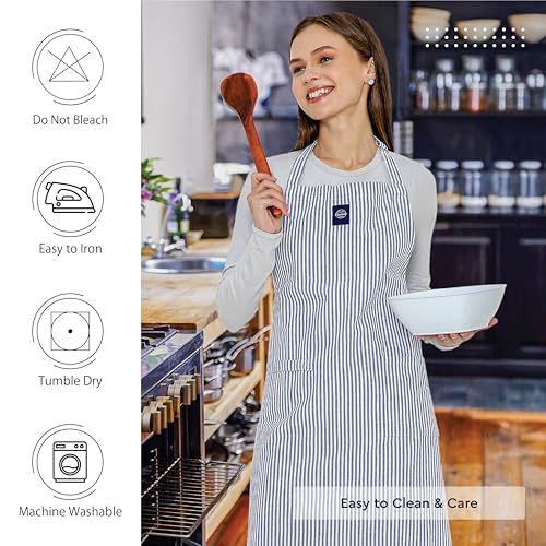 Image of Encasa XO Cotton Cooking kitchen Apron for Women and Men chef apron With adjustable neckstrap, Pocket & Towel Holder for Easy cooking, Baking, BBQ, Gardening- Ticking Black, 68x85 cm