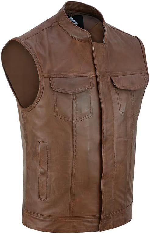 Men’s Collarless Leather Motorcycle Vest – SOA Style Biker Waistcoat with Adjustable Side Laces & Concealed Pockets