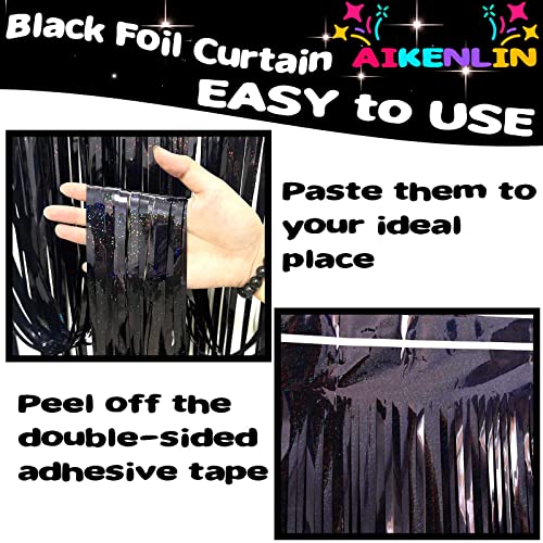 Image of 4 Pack 3.2Ft x 8.2Ft Black Foil Fringe Curtain Backdrop, Metallic Tinsel Foil Fringe Streamers Curtains Background for Photo Booth, Birthday, Wedding, Disco, Bachelorette, Christmas Party Decoration