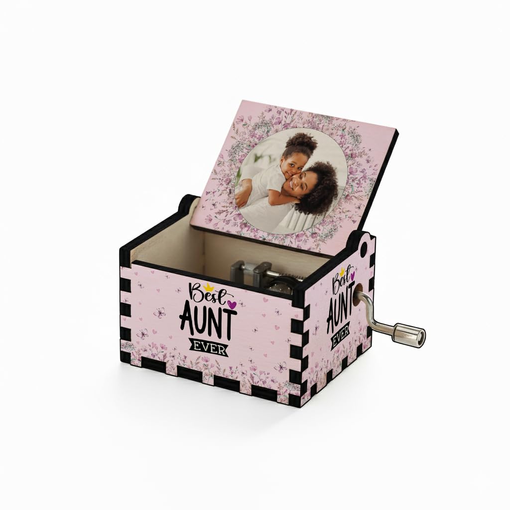 Getagift Personalised “Best Aunt Ever” Wooden Hand Crank Box with Music | Custom Photo Gift for Aunt | Perfect For Mother’s Day. (AUNT)