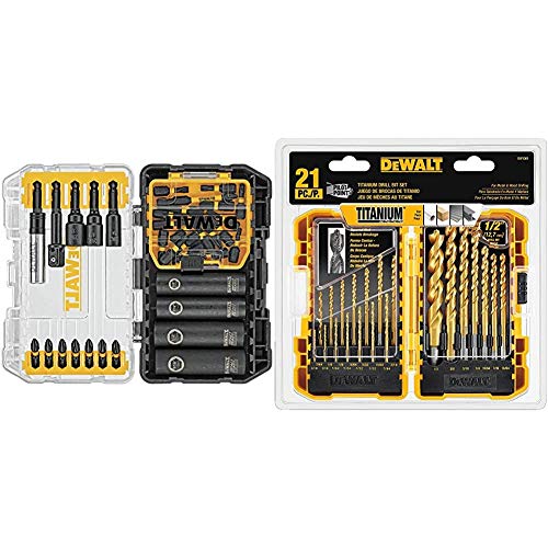 DEWALT Screwdriver Bit Set, Impact Ready, FlexTorq, 35-Piece (DWA2T35IR),Black/Silver & Titanium Drill Bit Set, Pilot Point, 21-Piece (DW1361)