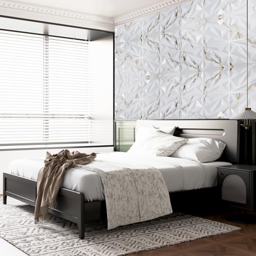 Image of Art3dwallpanels 33 Pack 3D Wall Panel Diamond for Interior Wall Decor, PVC Textured Wall Panels, 12''x12'' Cover 32.Sq.Ft. Gold Veined White