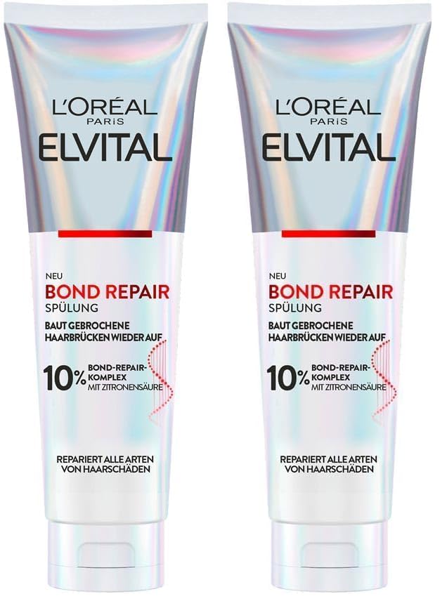 L'Oréal Paris Elvital Repair Spülung zur Haarreparatur, Mit Bond-Repair-Komplex und Zitronensäure, Für weniger Haarbruch und mehr Glanz, Bond Repair, 1 x 150 ml (Packung mit 2)