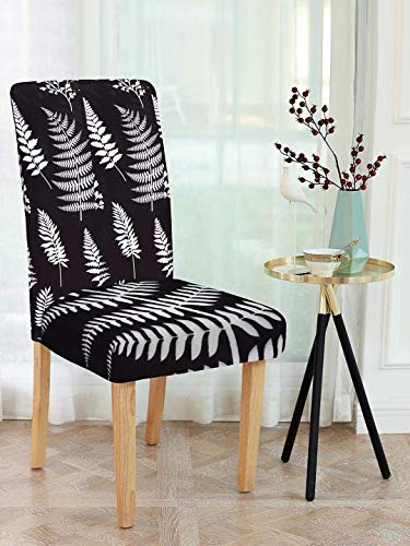 Image of Cortina Dining Chair Slipcovers | Protection Chair Covers | Leaf Print, Removable, Washable | Universal Fit Super Soft Stretchy Polyester Spandex | Hotel, Marriage, Wedding | Pack of 6, Black 1