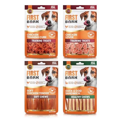 Image of FirstBark Dog Treats for Adult Dog & Puppy - Soft Chews, Training & Healthy Chews Chicken Jerky for Dogs, Small Dogs & Shih Tzu | Dog Snacks & Puppy Treats-Cubes + Tenders + Sandwich + Lover (70g) x4