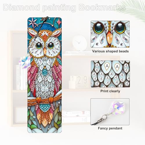Image of 4 Pcs Diamond Painting Bookmarks, Owl DIY 5D Special Shaped Rhinestone Bookmark Kits for Adults, Handmade Diamond Art Bookmark with Tassel Pendant for Reading Gifts