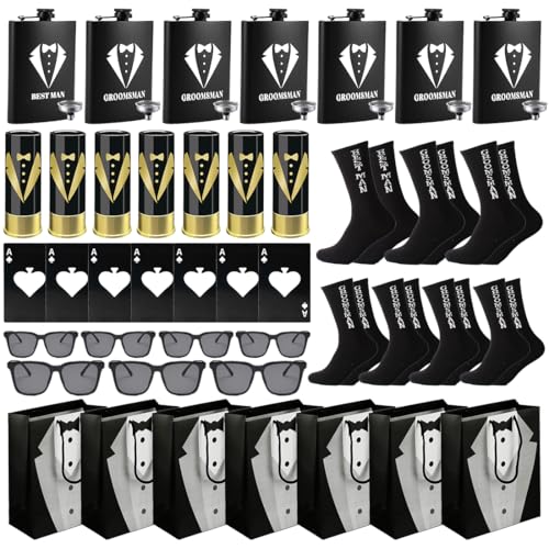 42PCS Groomsmen Proposal Gift: Stainless Steel Butt Bottle, Best Man Cup, Best Man Socks, Glasses, Stainless Steel Bottle Opener, Best Man Gift Bag