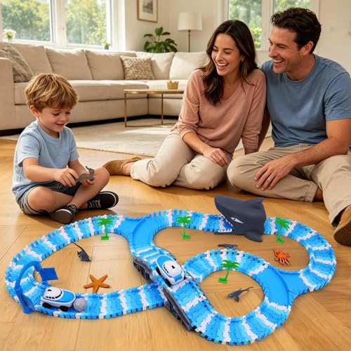 Image of Ocean Theme Flexible Race Car Tracks for Kids, Birthday Gift for Boys Age 3 4 5 6 7 Years Old, 240+ PCS Buildable Car Track Playset with Shark Tunnel and Sea Creature Accessories